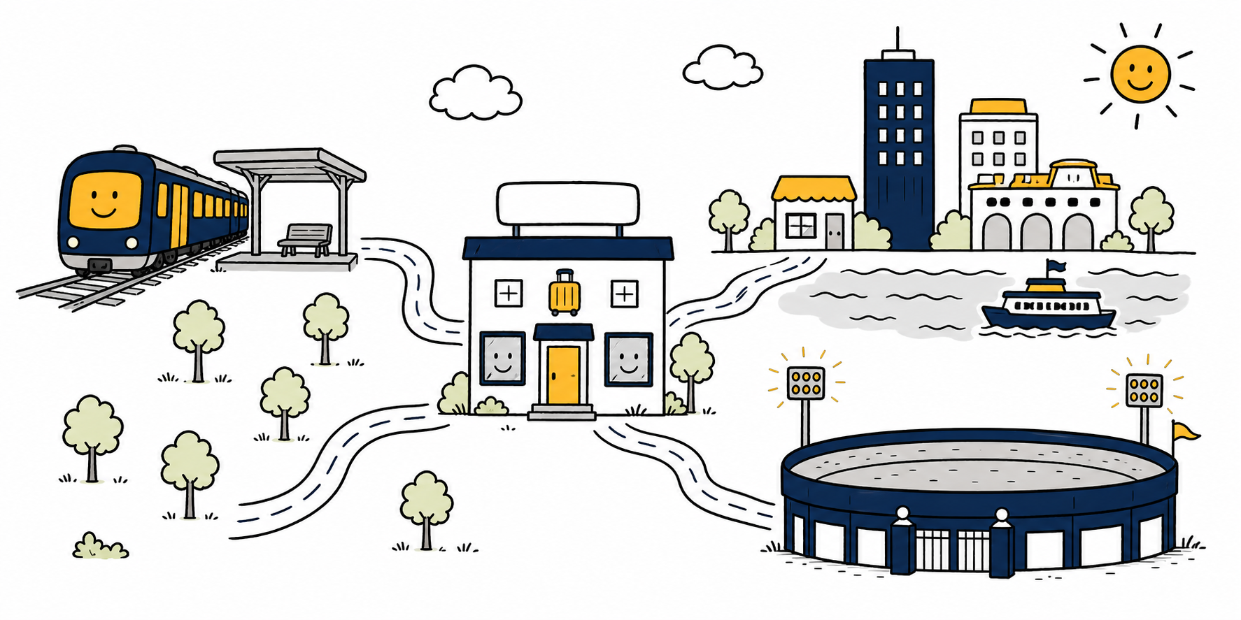 Cartoon map of the area around Alpha Luggage Wentworthville, showing the facility at the centre with Wentworthville Station to the northwest, Parramatta CBD to the east, and Sydney Olympic Park to the southeast.