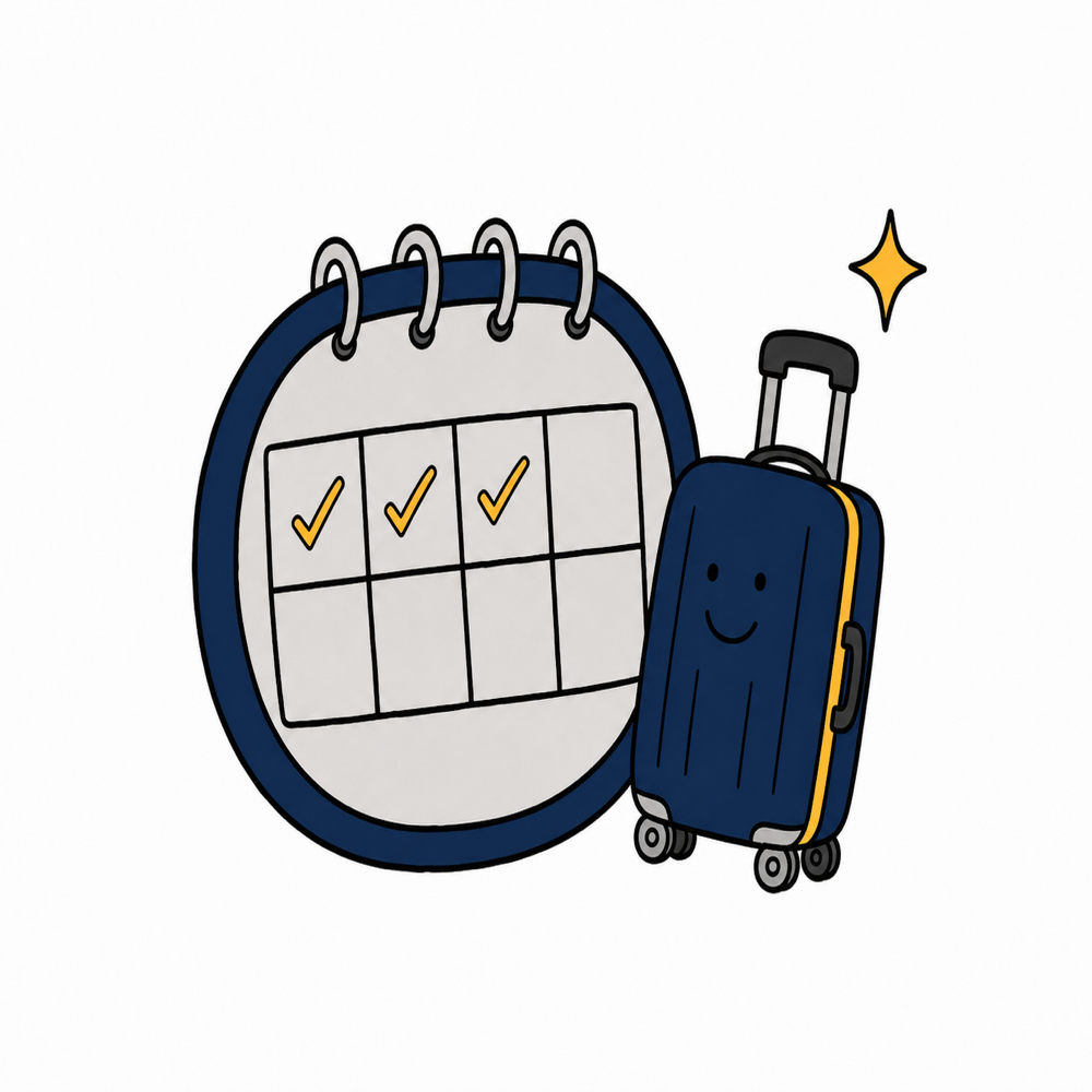 A small calendar illustration with a few days marked off and a tiny smiling suitcase, suggesting longer stays save money.